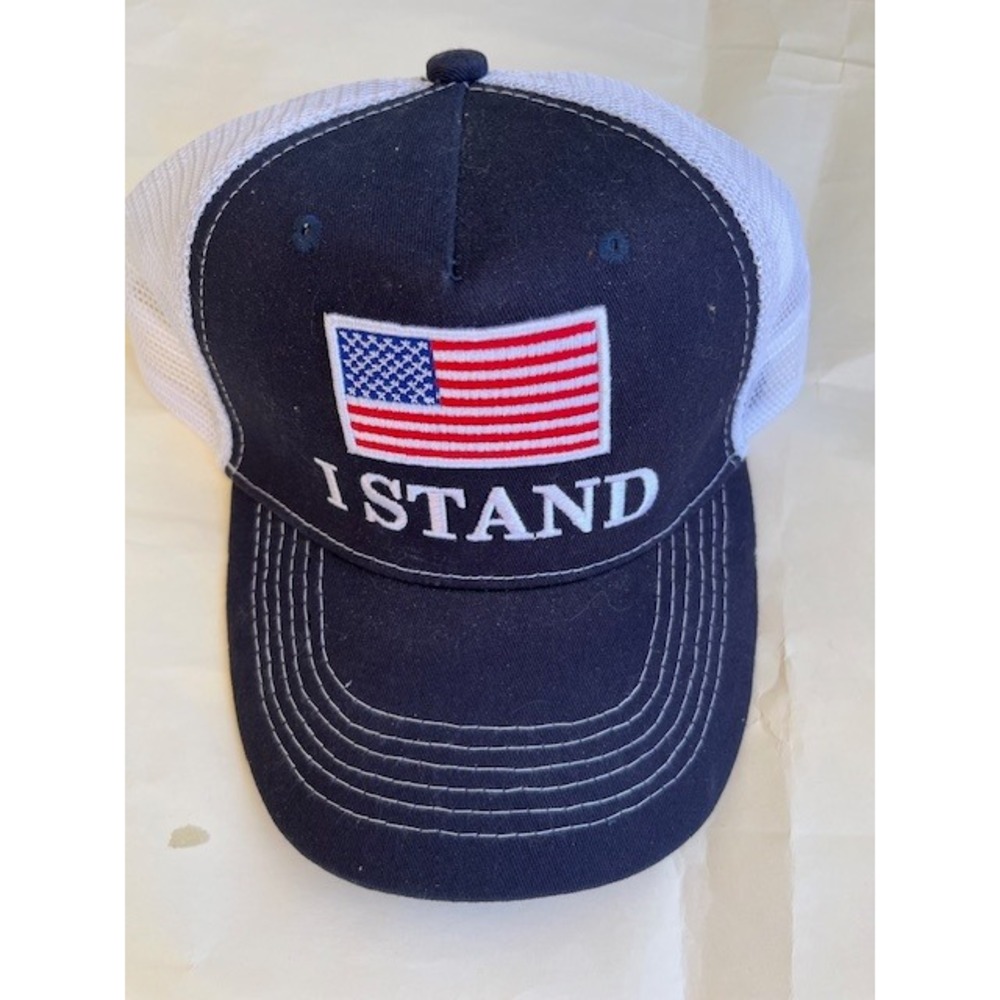 I Love My Freedom I Stand American Flag Trucker Hat Navy Blue White Snapback Cap